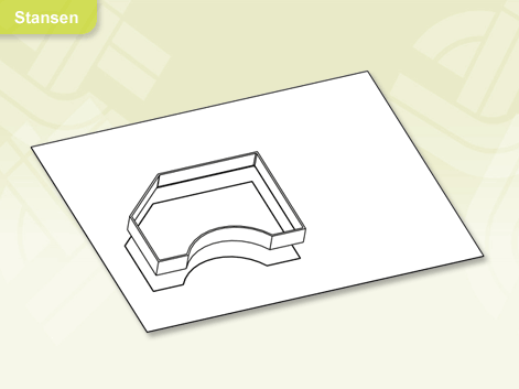 Schematische weergave van een stansvorm die een complexe vorm uit een vel papier snijdt.